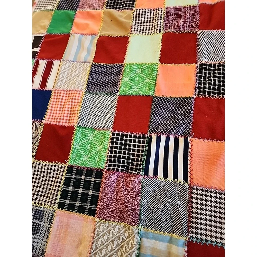 Vtg 60s 70s Patchwork squares Quilt Handmade Colorful Blanket 90